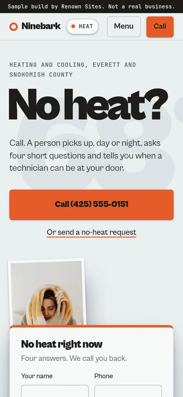 Ninebark Heating sample site: a large No heat? headline over a call button