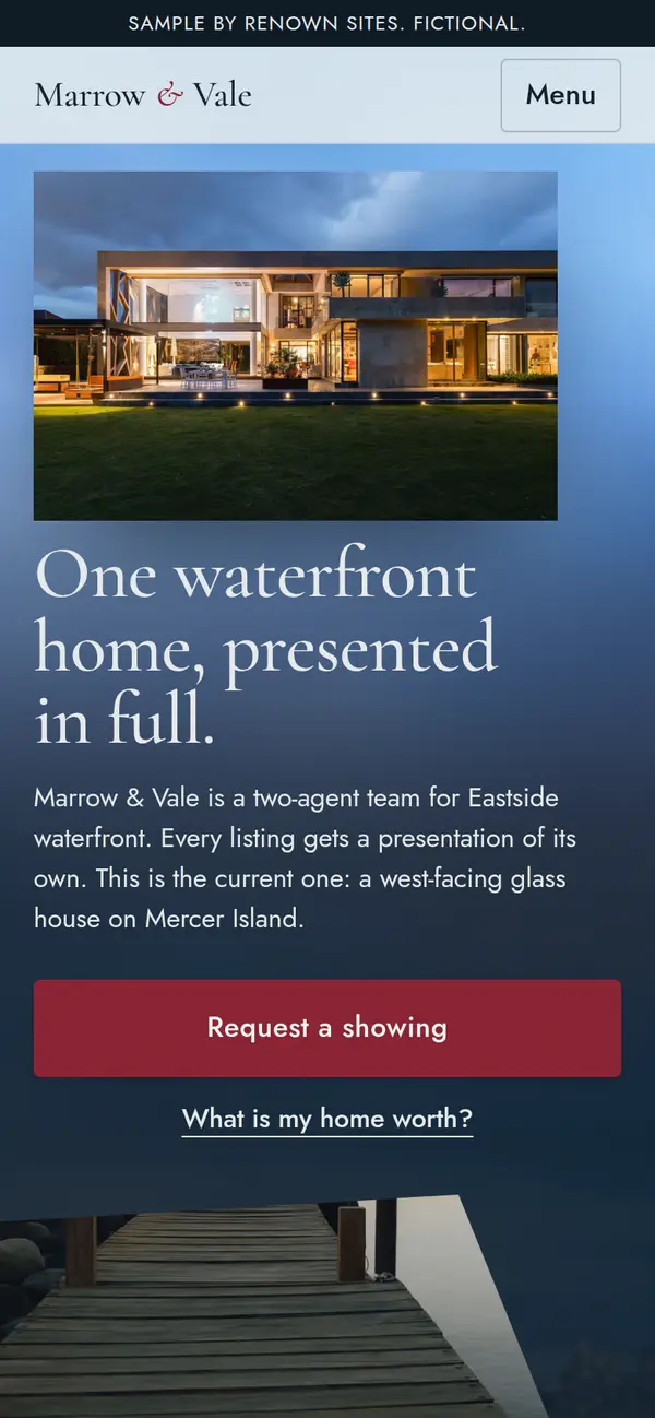 Marrow and Vale sample site: a waterfront home at dusk with a request a showing button