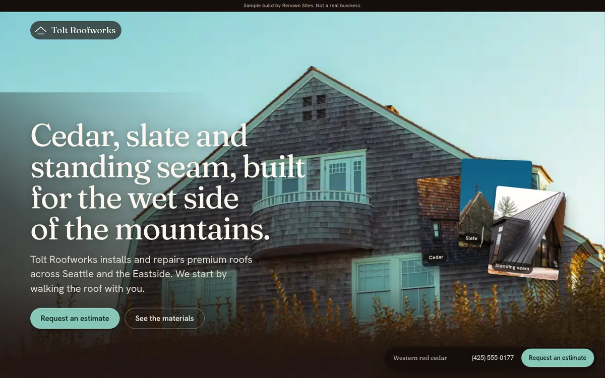 Tolt Roofworks sample site: a slate roof under a teal sky with a request an estimate button