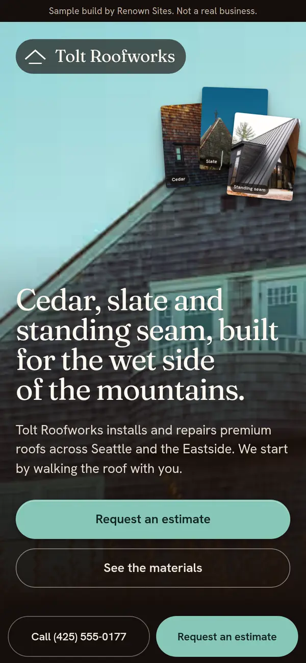 Tolt Roofworks sample site: a slate roof under a teal sky with a request an estimate button