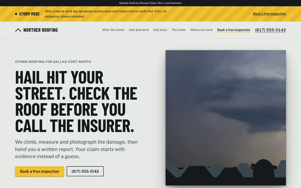 Norther Roofing sample site: a yellow storm-mode banner and a bold hail headline