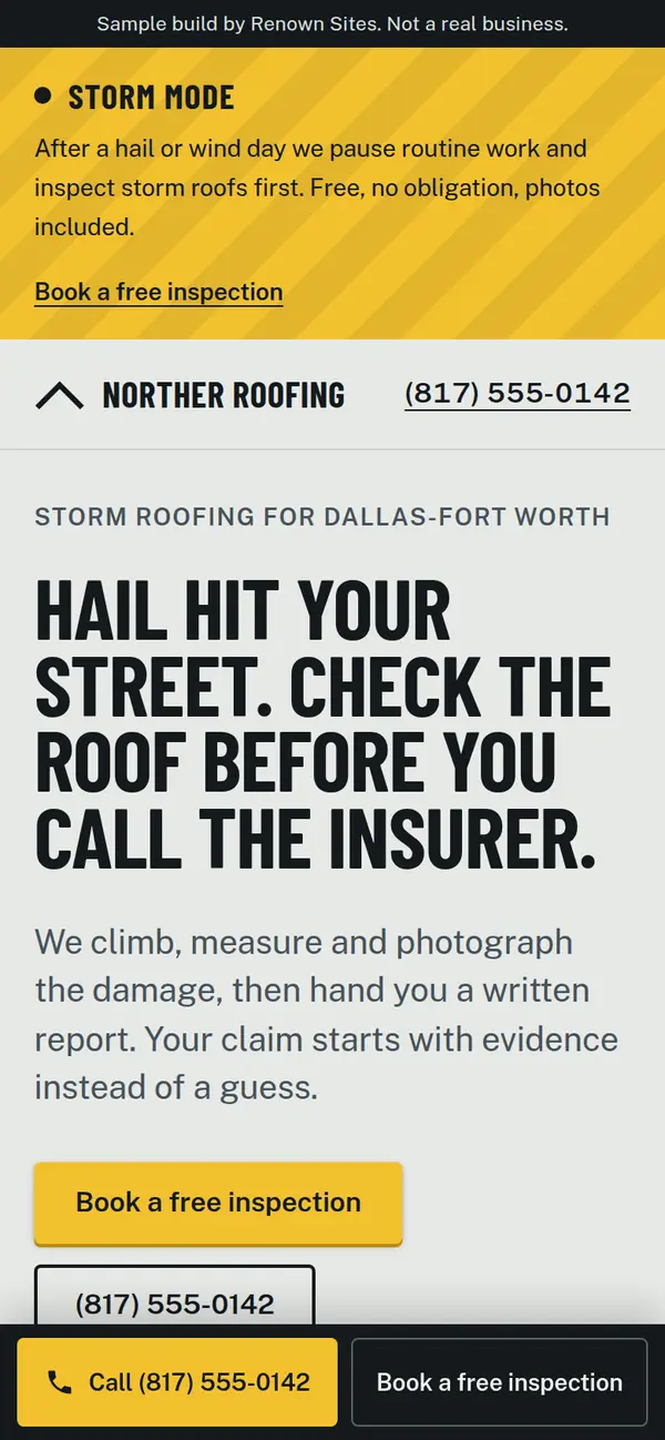 Norther Roofing sample site: a yellow storm-mode banner and a bold hail headline